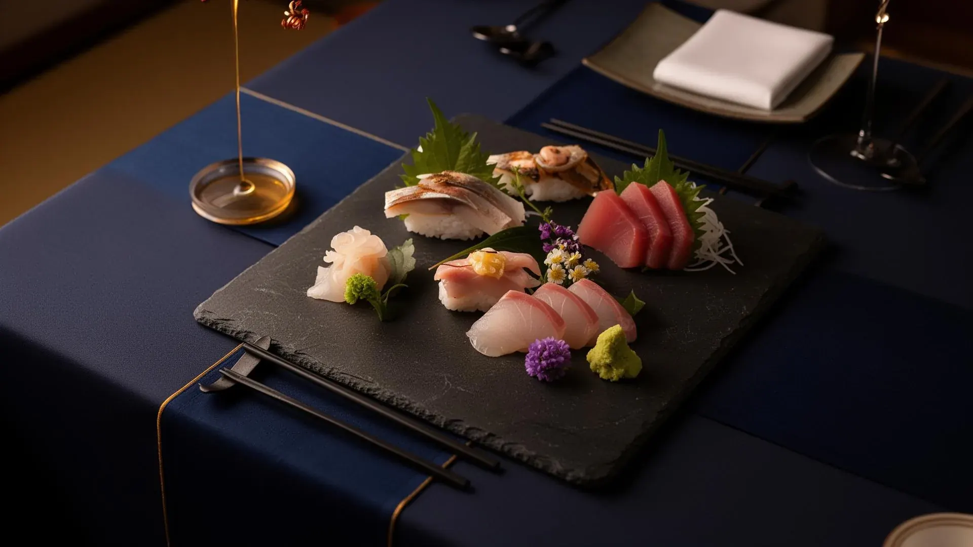 Assorted nigiri and sashimi arranged on a slate plate with soy sauce and wasabi