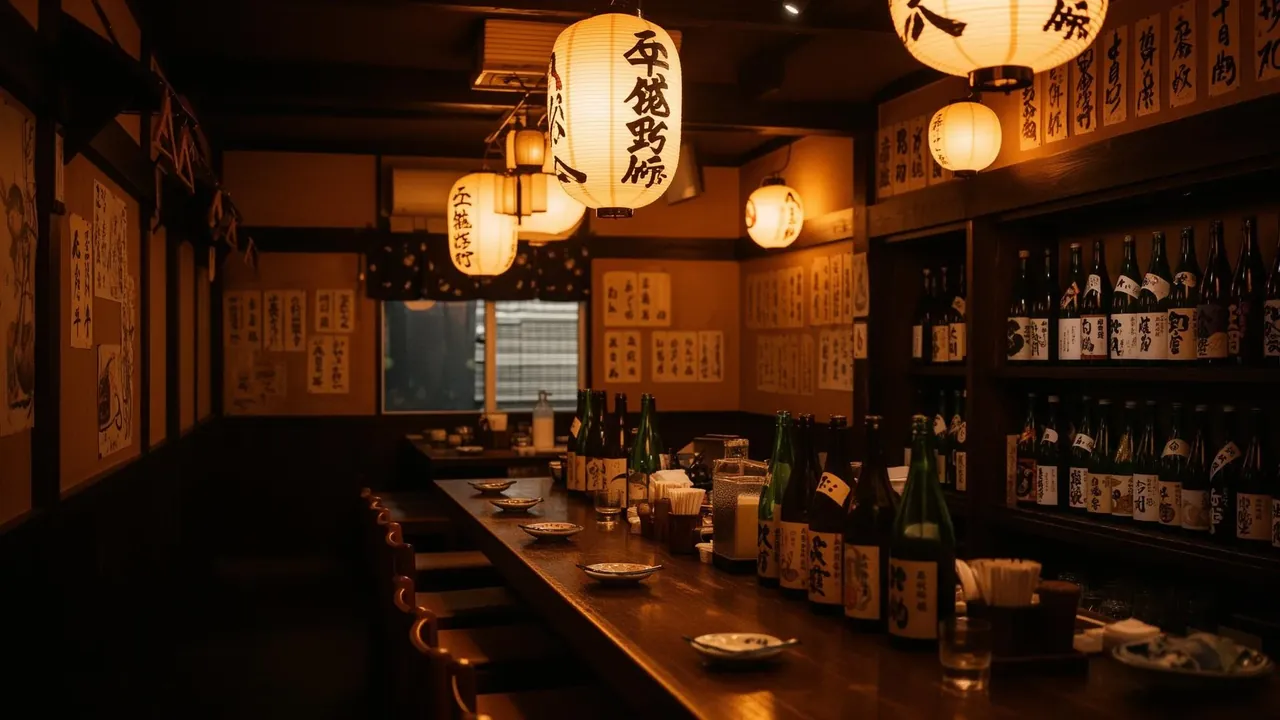 Warm-lit Japanese dining room with paper lanterns and a wooden counter